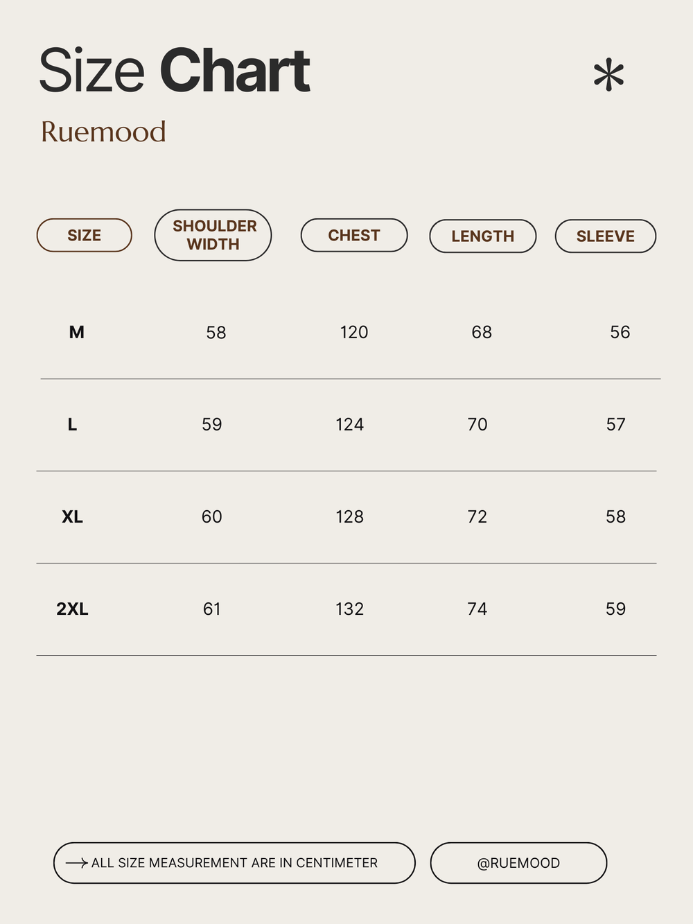 Size chart for clothing by Ruemood with measurements in centimeters.