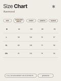 Size chart for clothing by Ruemood with measurements in centimeters.