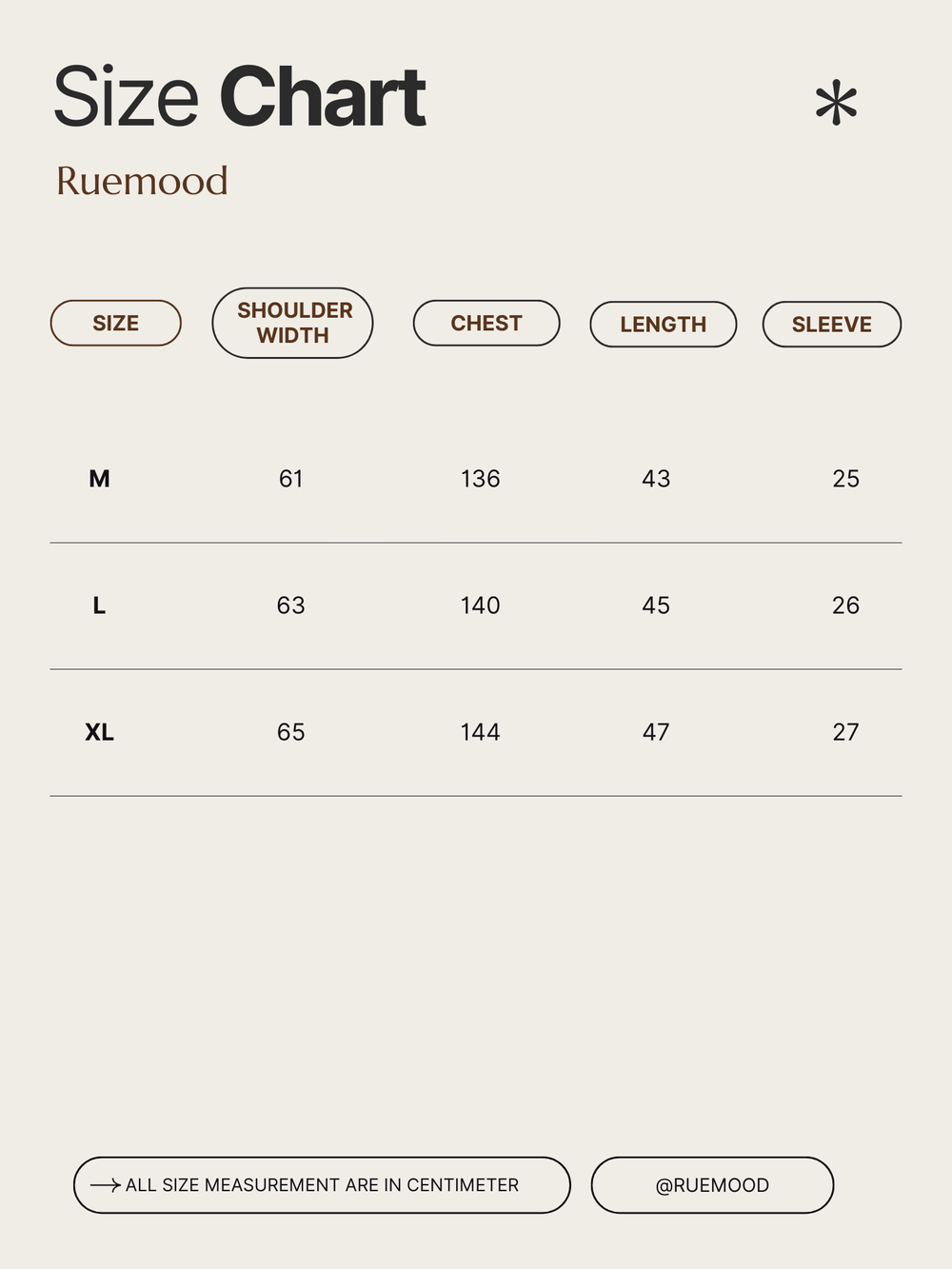 Size chart for clothing by Ruemood with measurements in centimeters.