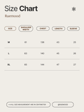 Size chart for clothing by Ruemood with measurements in centimeters.