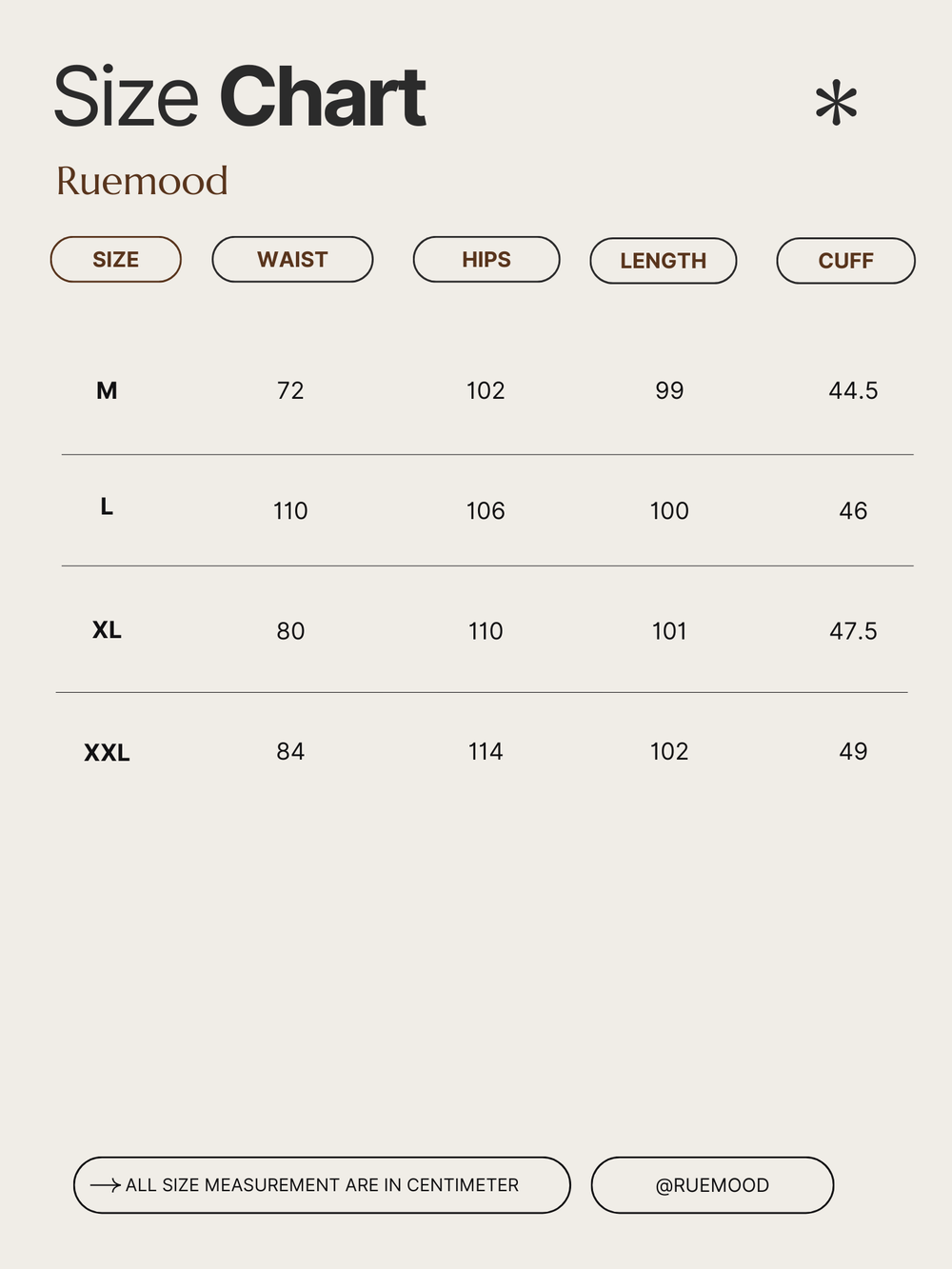 Size chart for clothing by Ruemood with measurements in centimeters.