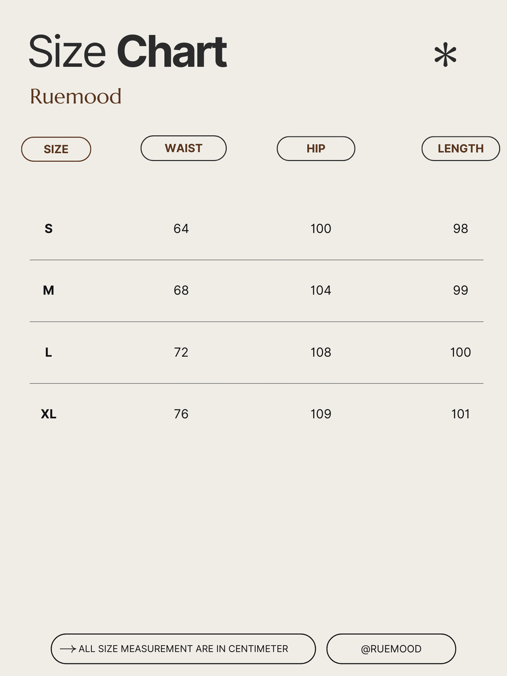 Size chart for Ruemood clothing with measurements in centimeters.