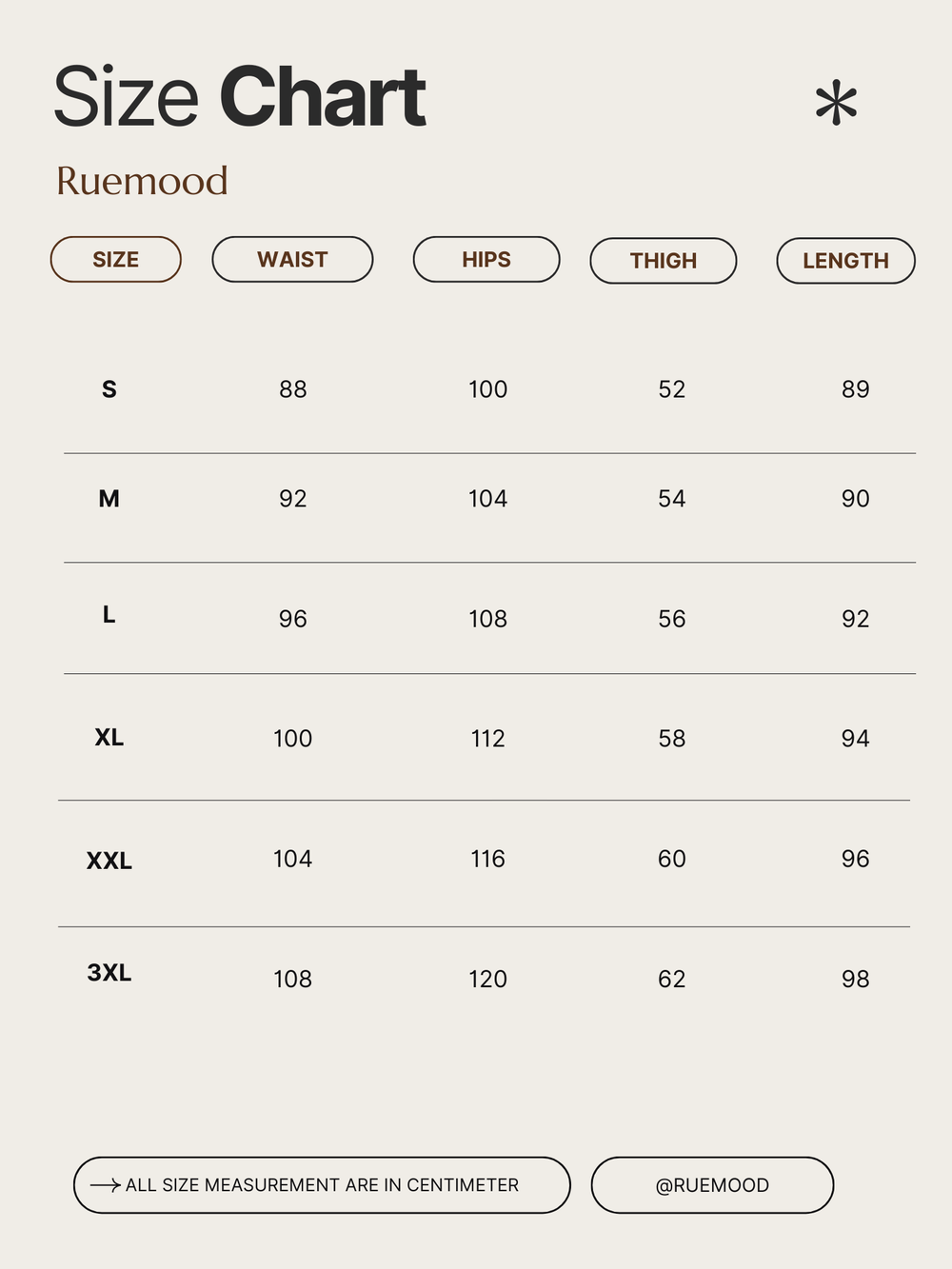 Size chart for Ruemood clothing with measurements in centimeters.