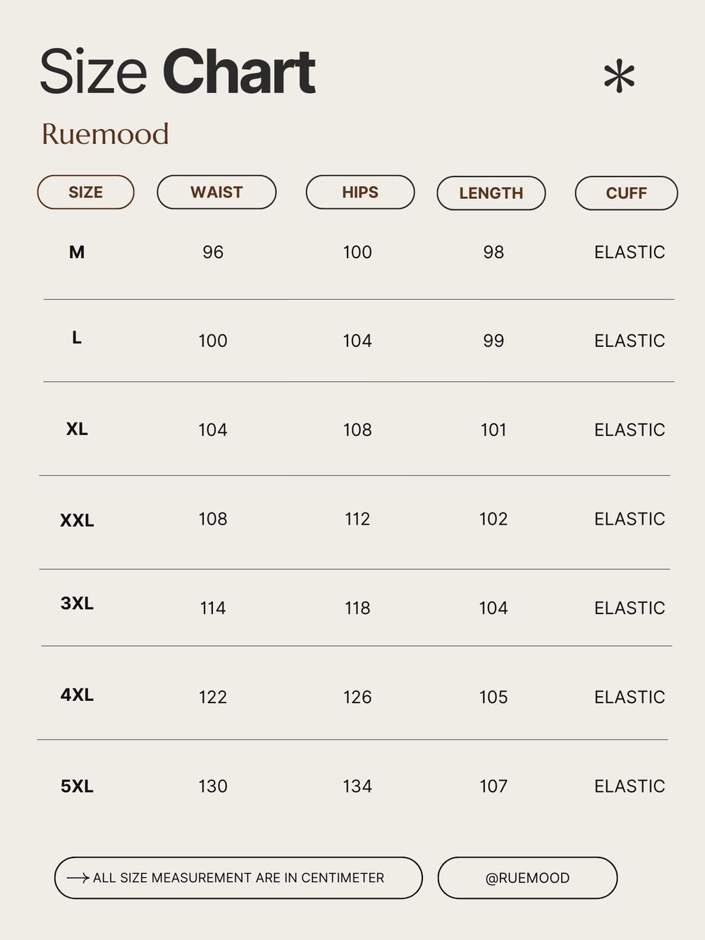Size chart for clothing by Ruemood with measurements in centimeters.