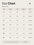 Size chart for clothing by Ruemood with measurements in centimeters.