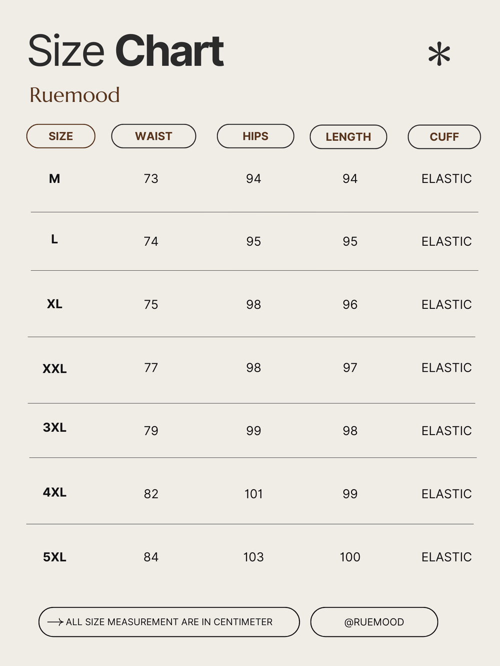Size chart for clothing by Ruemood with measurements in centimeters.