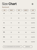 Size chart for clothing by Ruemood with measurements in centimeters.