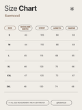 Size chart for clothing by Ruemood with measurements in centimeters.