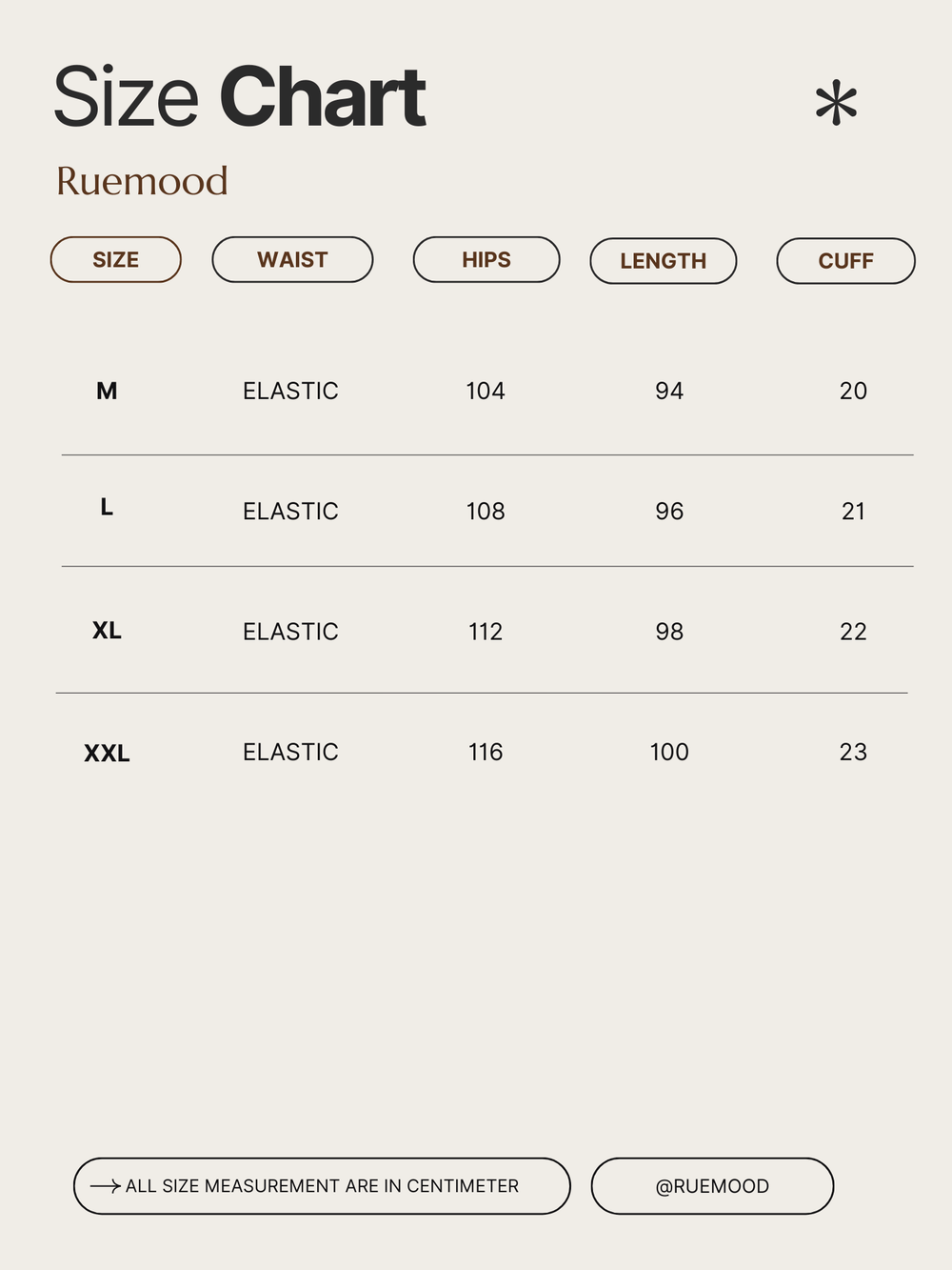 Size chart for clothing by Ruemood with measurements in centimeters.