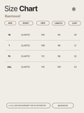 Size chart for clothing by Ruemood with measurements in centimeters.