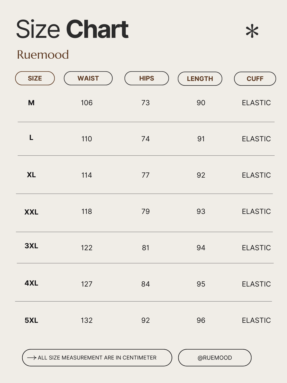 Size chart for Ruemood clothing with measurements in centimeters.
