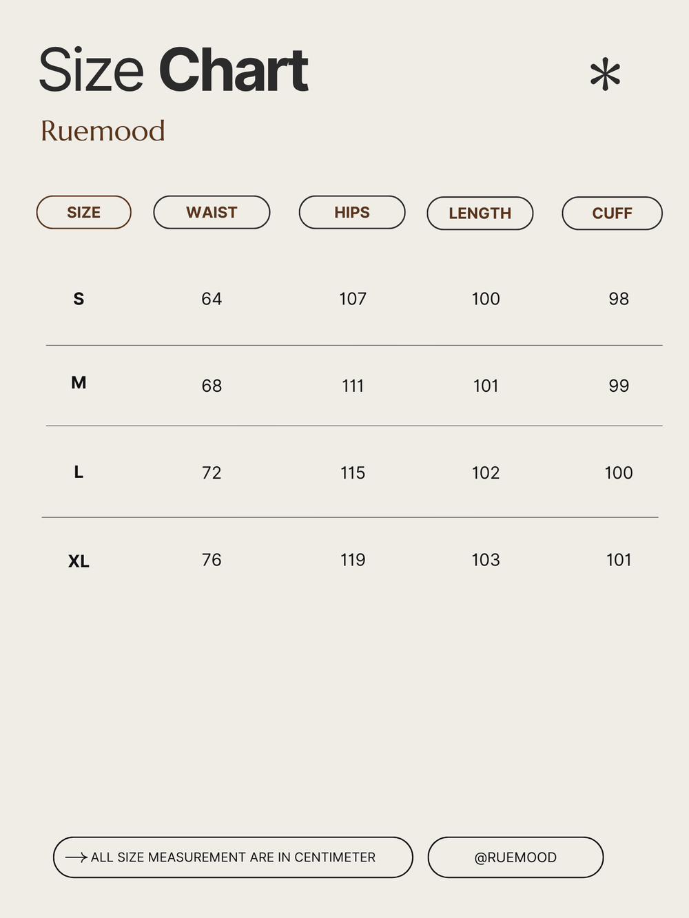 Size chart for clothing by Ruemood with measurements in centimeters.