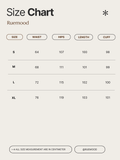 Size chart for clothing by Ruemood with measurements in centimeters.