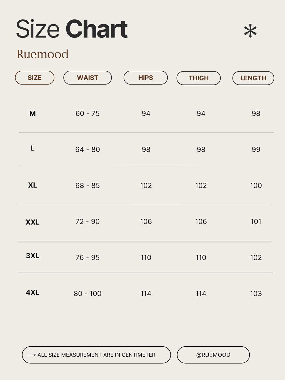 Size chart for clothing by Ruemood with measurements in centimeters.