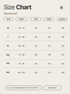 Size chart for clothing by Ruemood with measurements in centimeters.