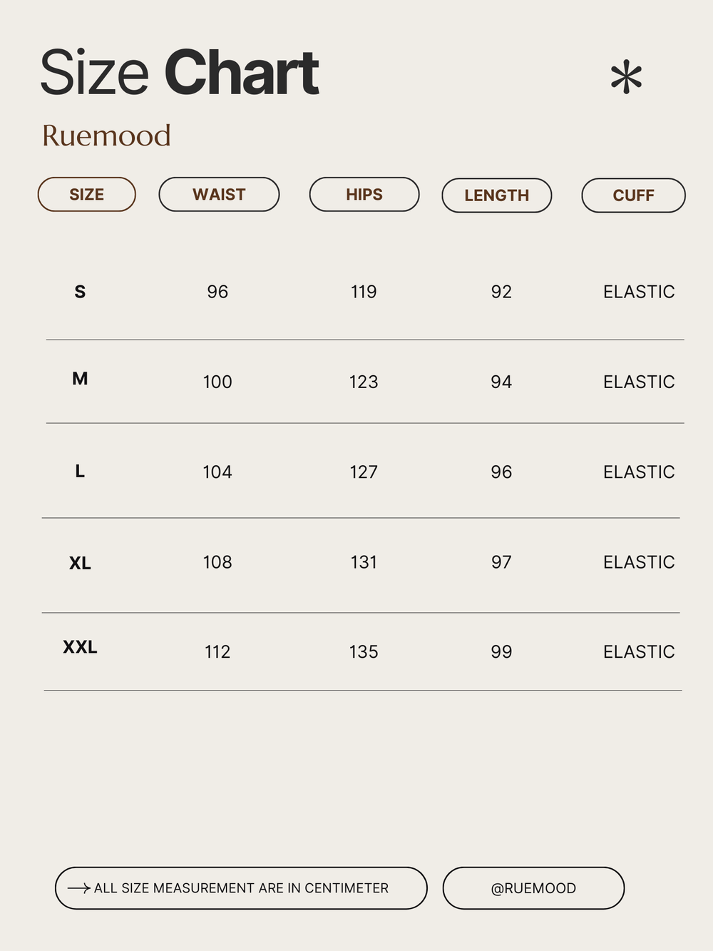 Size chart for Ruemood products with measurements in centimeters.