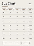 Size chart for clothing by Ruemood with measurements in centimeters.