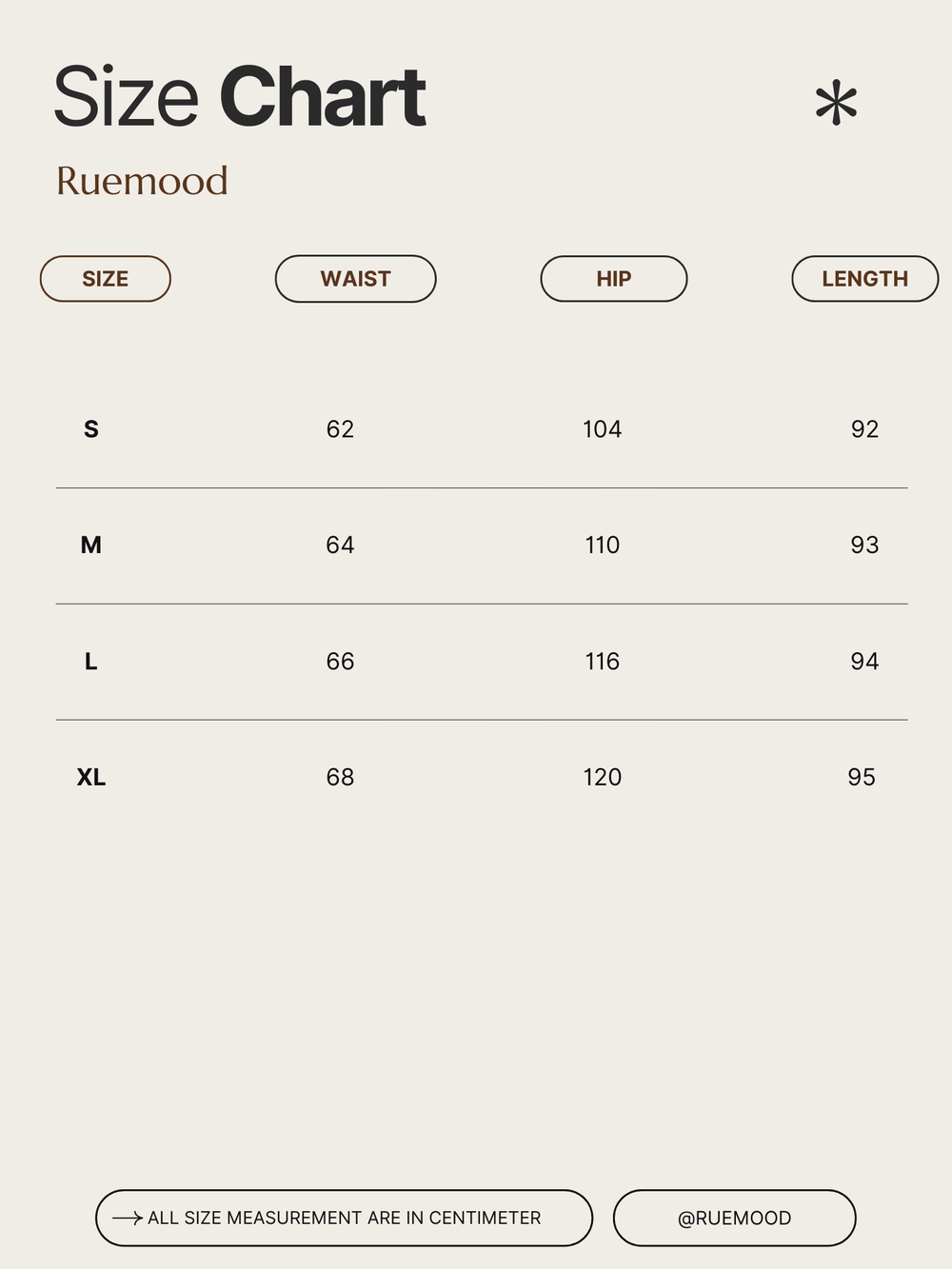 Size chart for clothing by Ruemood with measurements in centimeters.