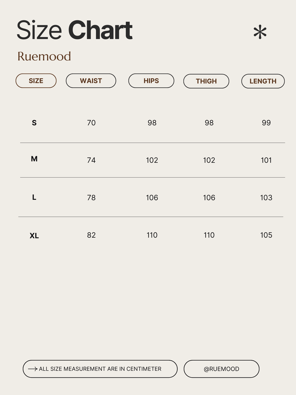 Size chart for clothing by Ruemood with measurements in centimeters.