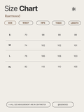 Size chart for clothing by Ruemood with measurements in centimeters.