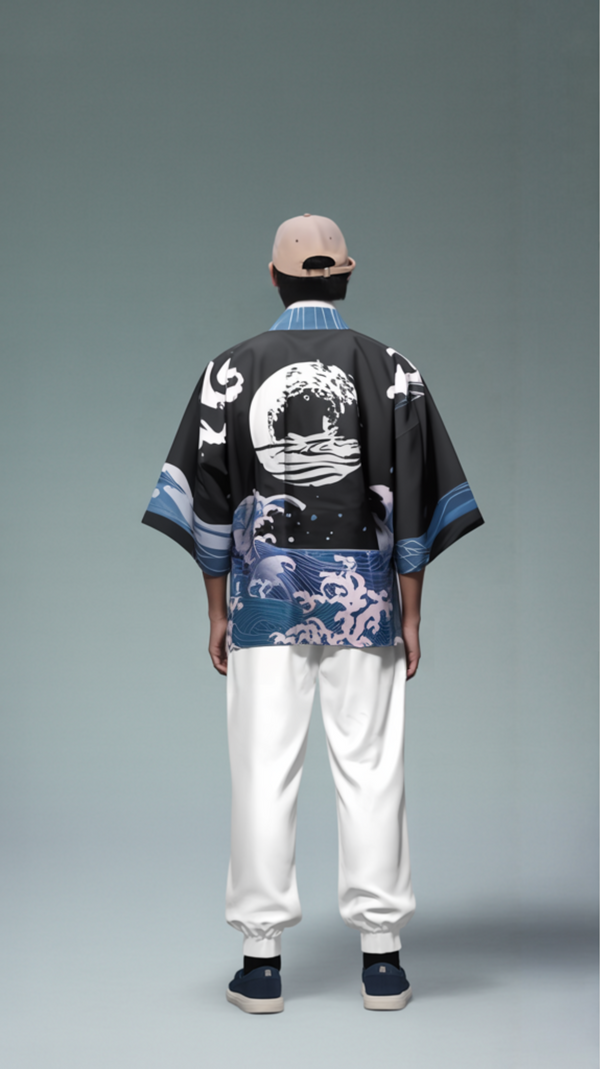Japanese-Inspired Wave Design Kimono - Unisex Casual Fashion