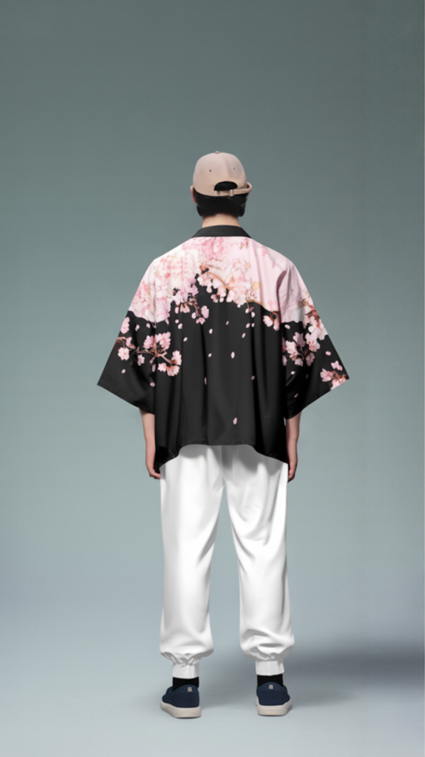 Cherry Blossom Kimono Shirt – Elegant Black & Pink Floral Design for Stylish Outfits