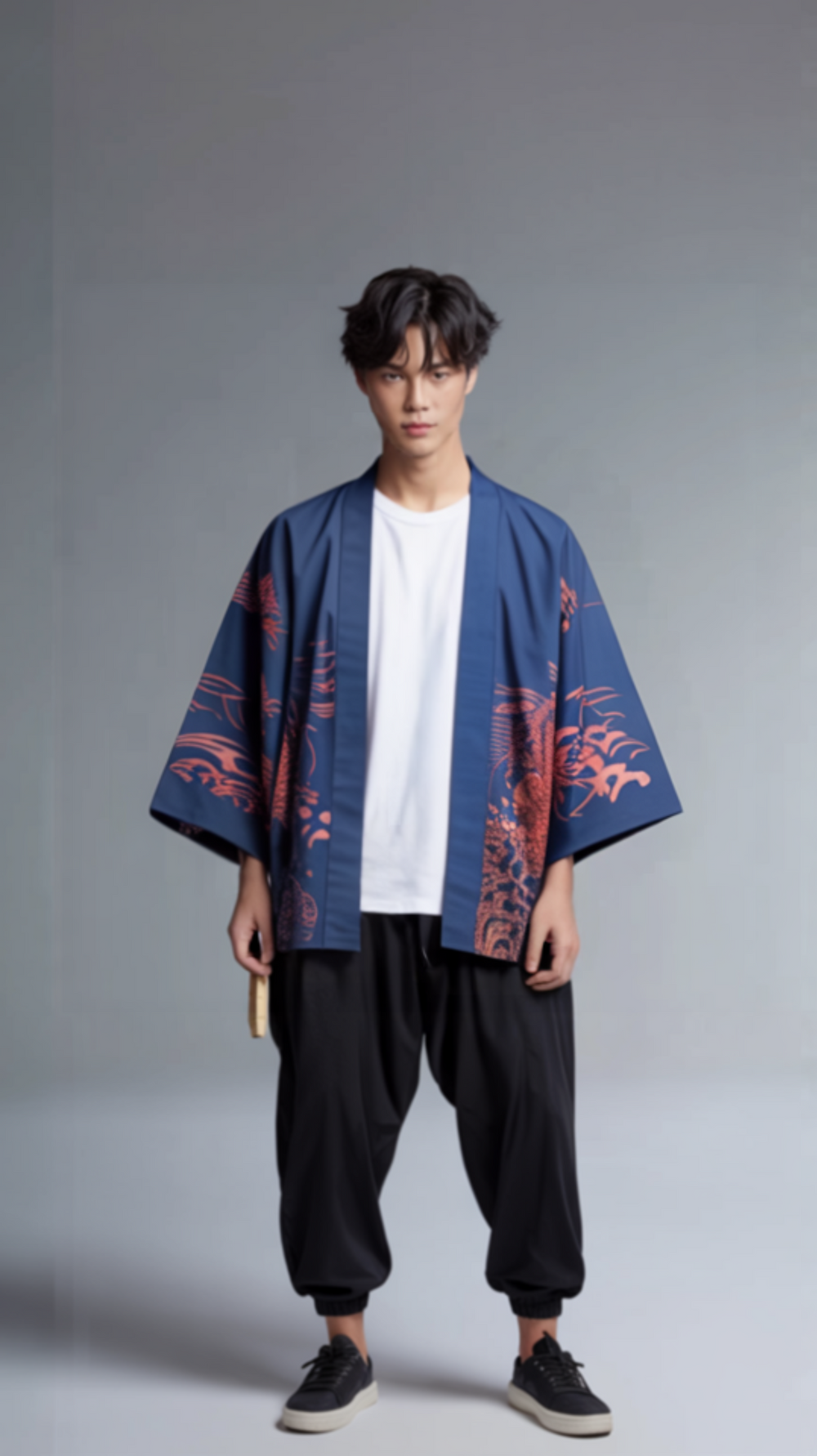 Blue Kimono with Intricate Embroidery & Calligraphy