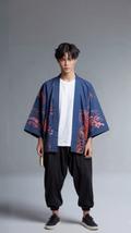 Blue Kimono with Intricate Embroidery & Calligraphy