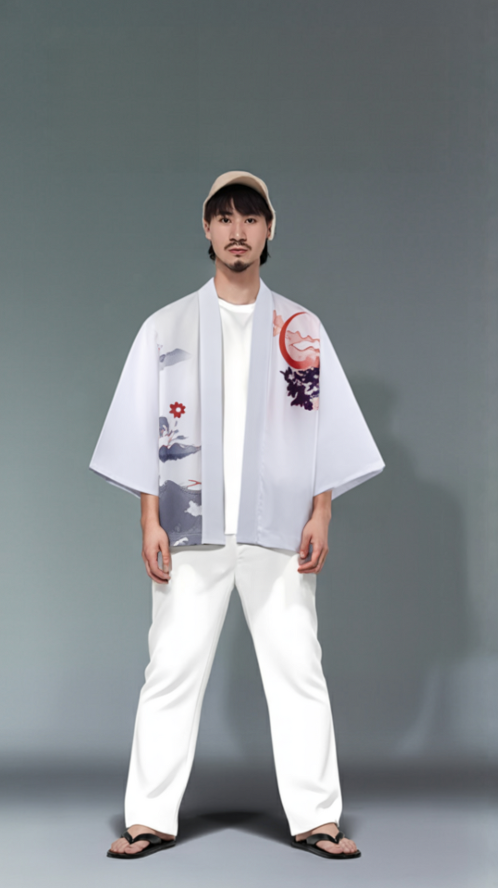 Japanese Geisha Print White Kimono Haori Cardigan Jacket