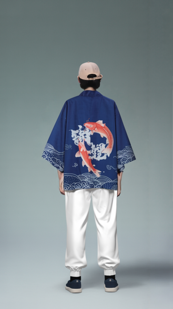 Lucky Koi Waves Kimono Cardigan – Deep-Sea Blue Haori