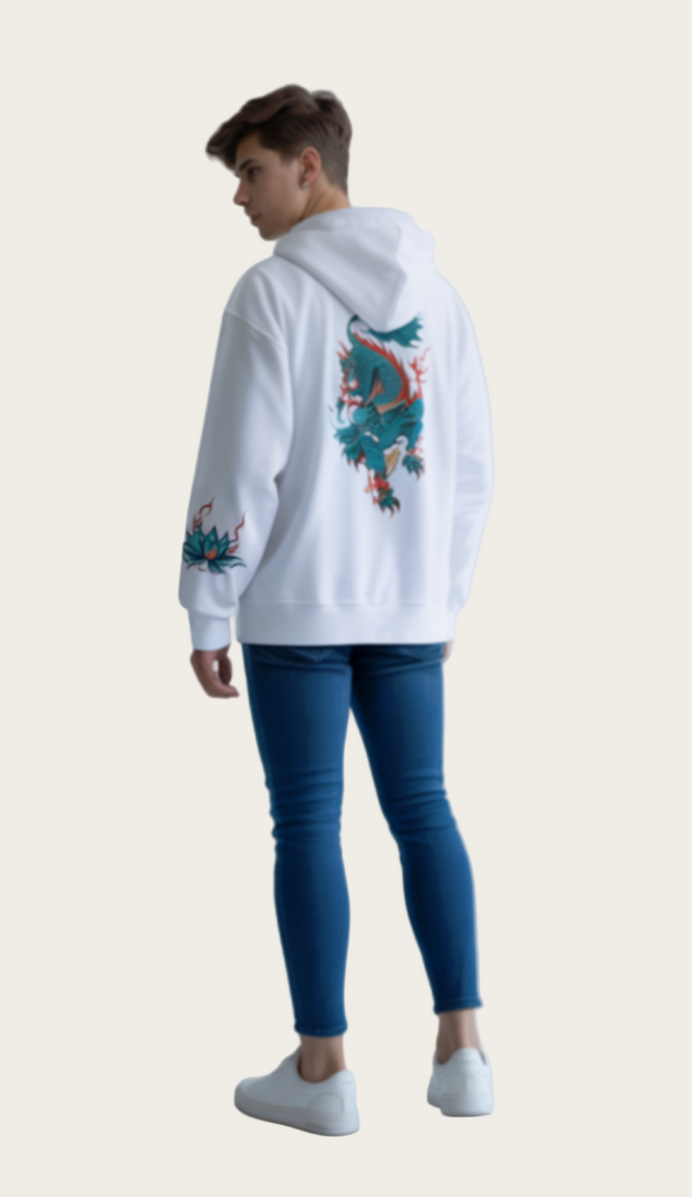Person wearing a white hoodie with colorful designs on the back, standing against a plain background.