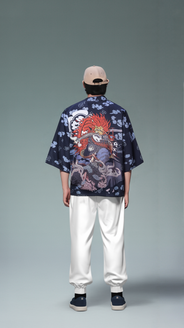 Samurai Dragon Print Black Kimono Haori Cardigan Jacket