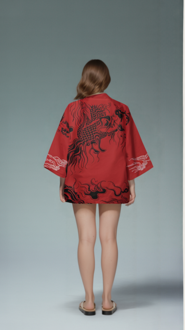 Red Kimono Cardigan with Black Dragon & Flame Design – Unisex Streetwear Haori