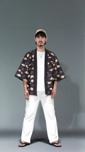 Samurai Cat Print Black Kimono Haori Jacket