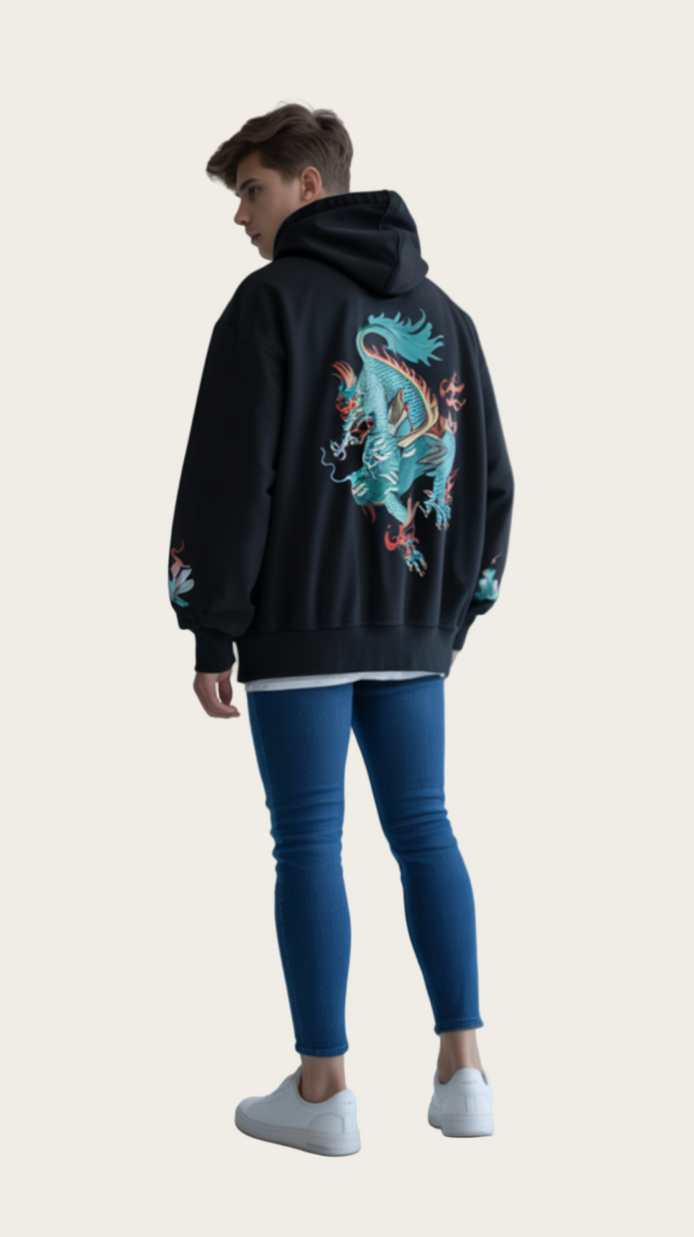 Person wearing a black hoodie with a colorful graphic on the back, standing against a plain background.