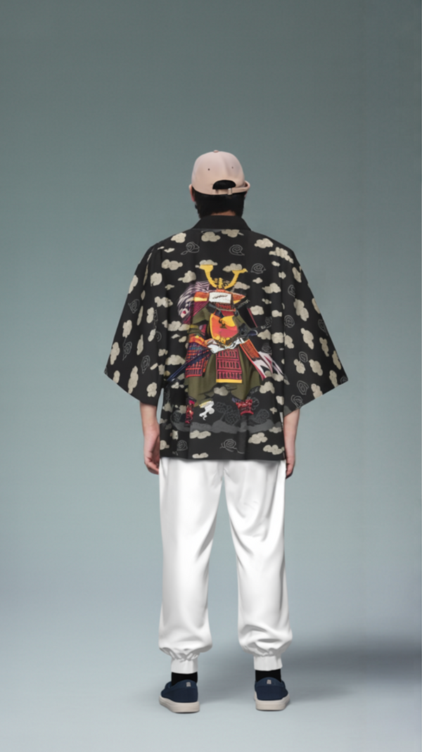 Samurai Cat Print Black Kimono Haori Jacket