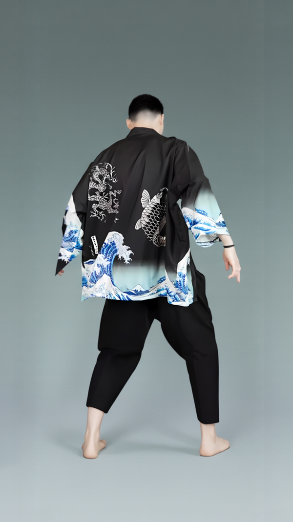 The Great Wave off Kanagawa & Koi Kimono Cardigan