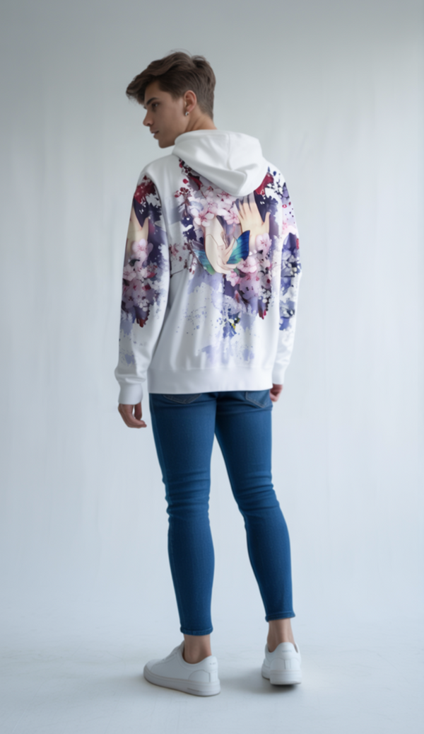 Purple Floral & Butterfly Print White Hoodie – Artistic Streetwear