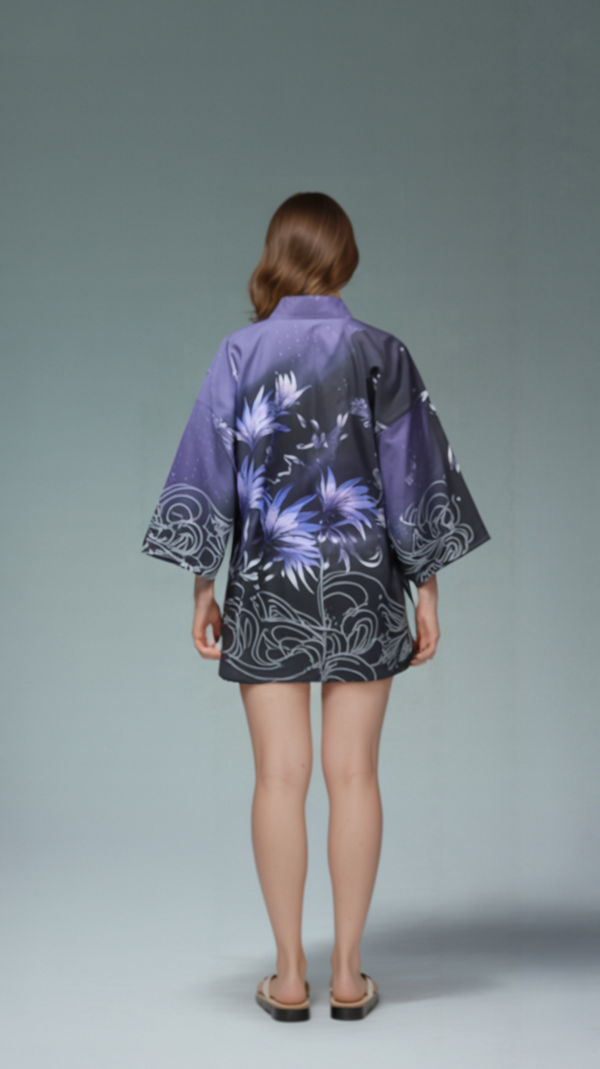 Men's Black Kimono Cardigan with Purple Floral & Wave Print