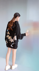 Crane & Cherry Blossom Print Hoodie – White, Pink, Black