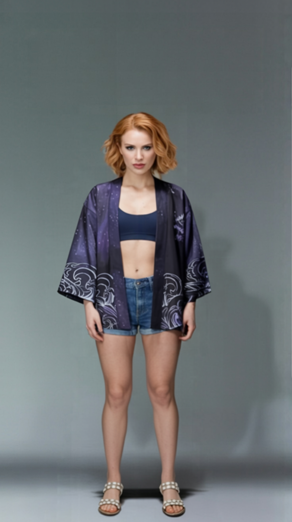 Men's Black Kimono Cardigan with Purple Floral & Wave Print