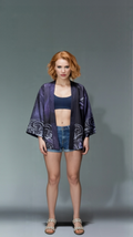 Men's Black Kimono Cardigan with Purple Floral & Wave Print