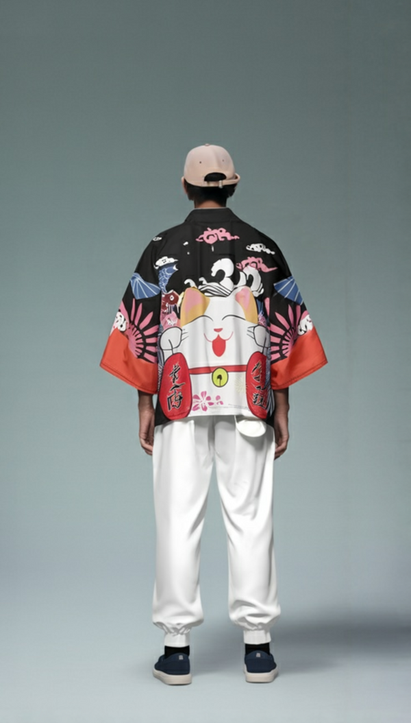Daisho “Lucky Cat Waves” Maneki-Neko Haori Kimono Jacket