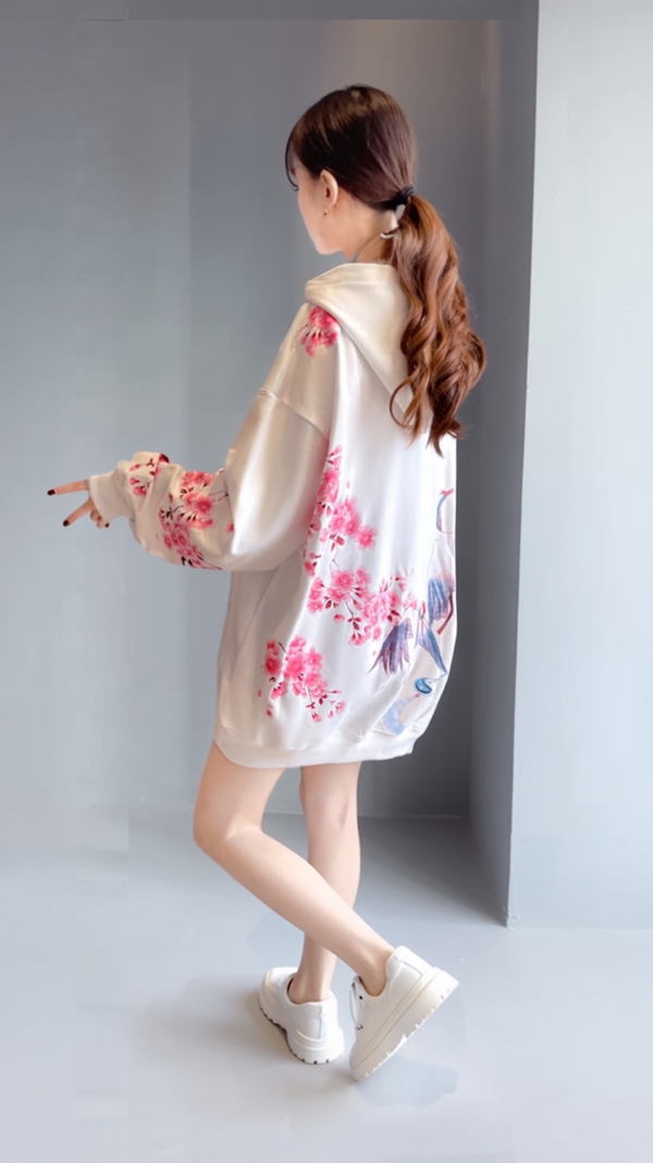 Crane & Cherry Blossom Print Hoodie – White, Pink, Black