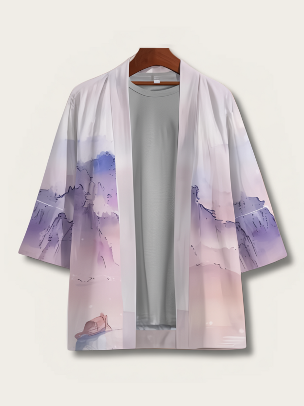 Watercolor Mountain Kimono Jacket – Pastel Purple Unisex Haori Cardigan