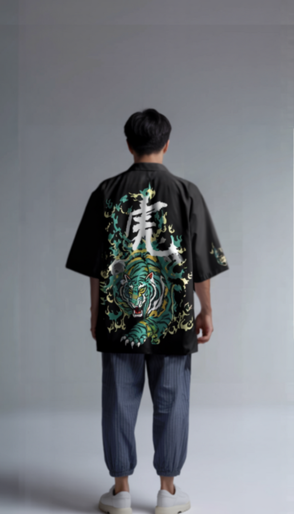 Black Tiger Flame Kimono Jacket – Unisex Streetwear Haori Cardigan