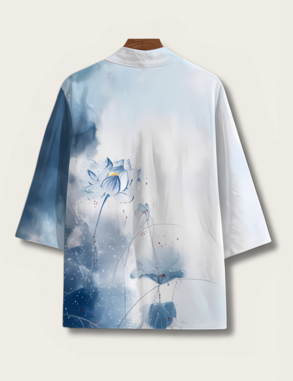 Watercolor Lotus Kimono Jacket – Sky-Blue Unisex Haori Cardigan
