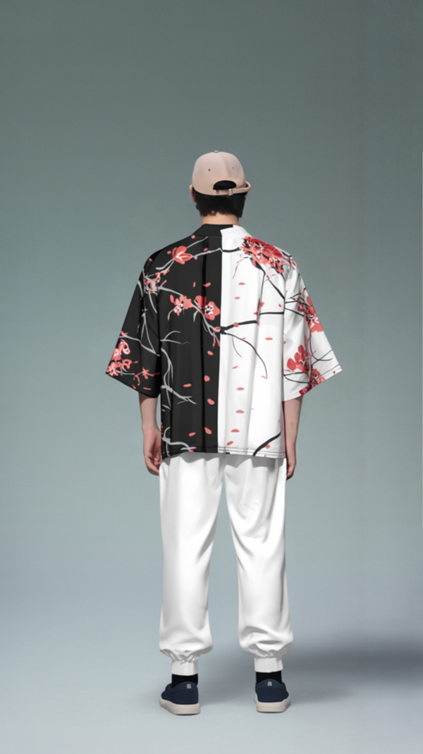 Black & White Floral Kimono Shirt – Elegant Cherry Blossom Design for Stylish Streetwear