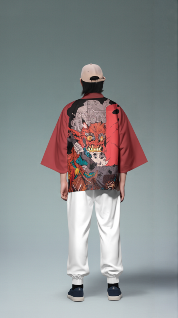 Oni Warrior Art Haori Kimono Jacket | Fiery Red Demon-Samurai Cardigan
