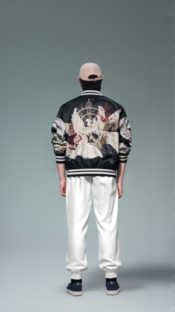 Embroidered Dragon & Kitsune Nine Tail Fox Japanese Souvenir Jacket